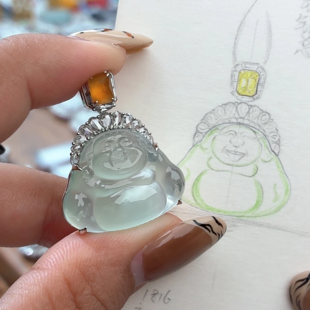 翡翠18K金镶嵌颈饰佛公