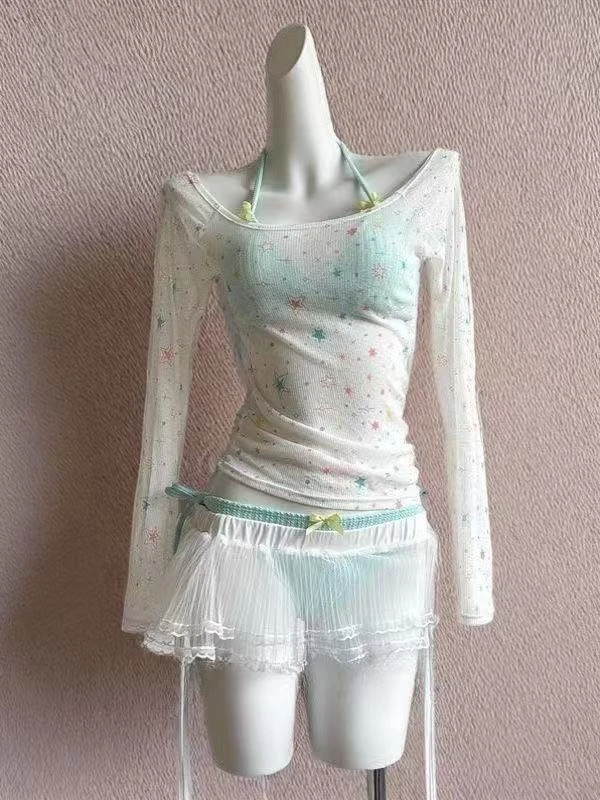 新款薄荷绿小清新纯欲少女感蓬蓬裙海边沙滩度假分体比基尼泳衣夏