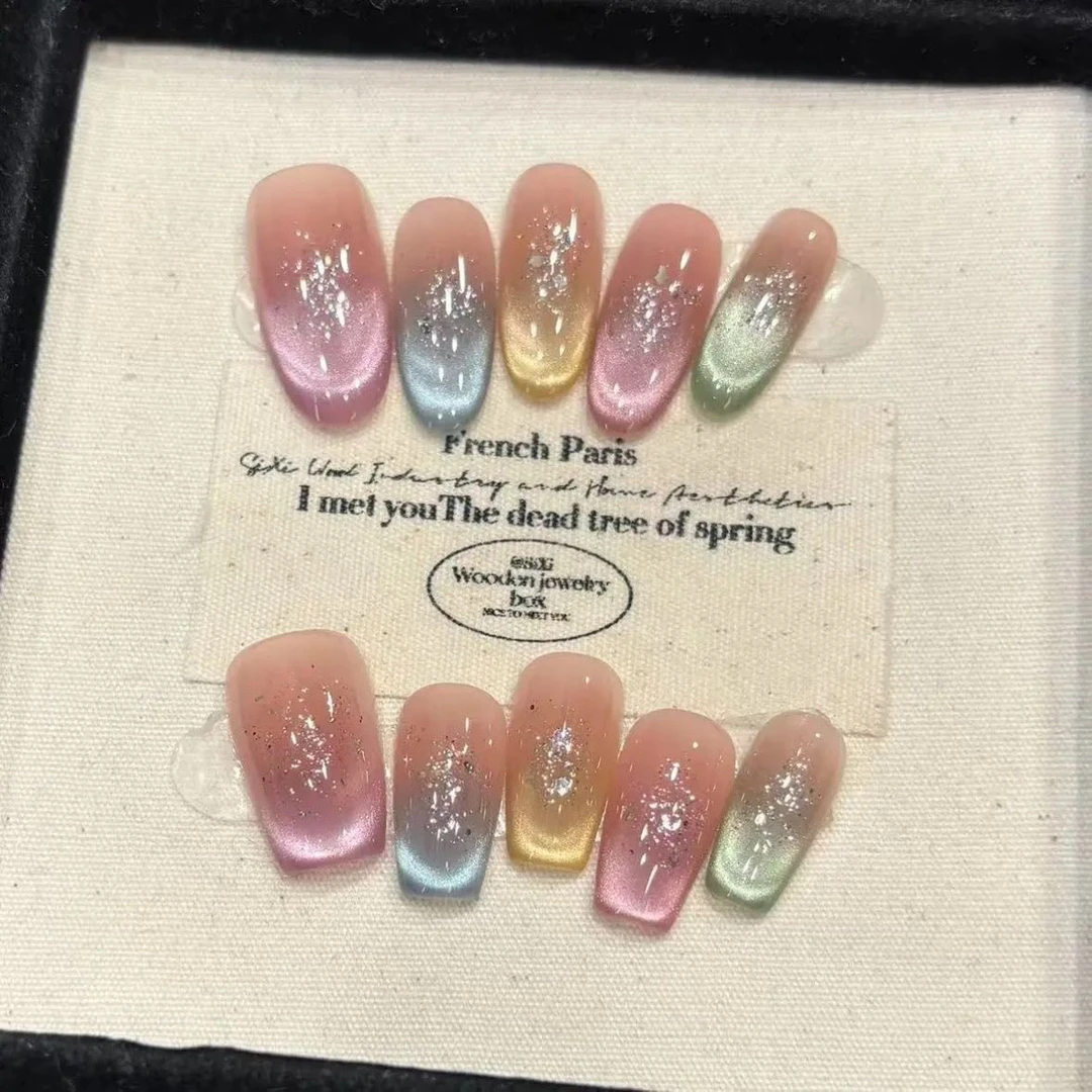 显白多巴胺法式猫眼新款纯手工穿戴式美甲穿戴甲猫眼显白美甲贴