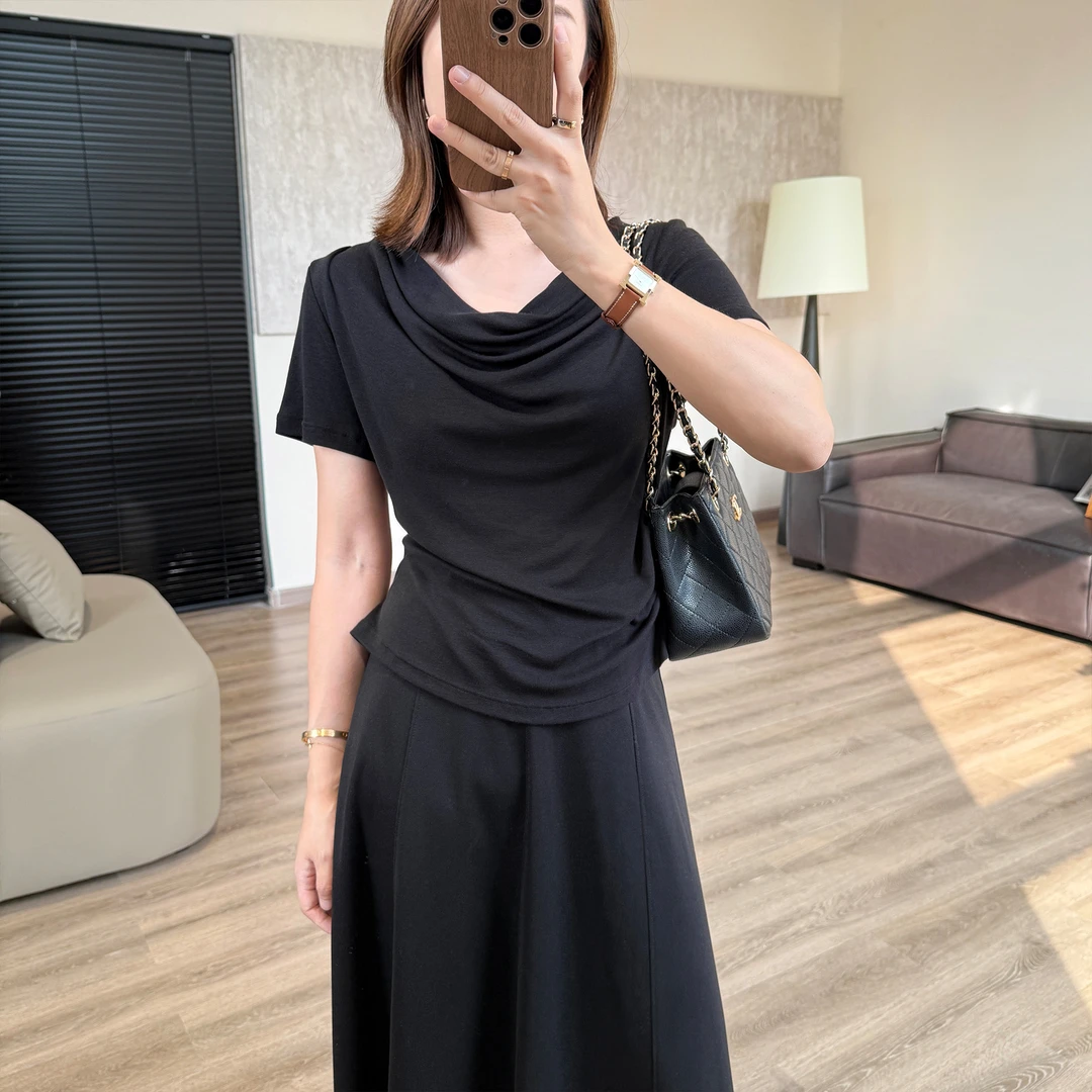 一字领绝美纯欲修身短袖t恤2025气质不规则荡领收腰显瘦上衣薄款