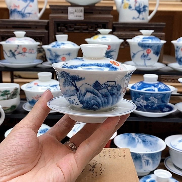 纯手绘山居图盖碗120cc釉下彩微瑕福利款