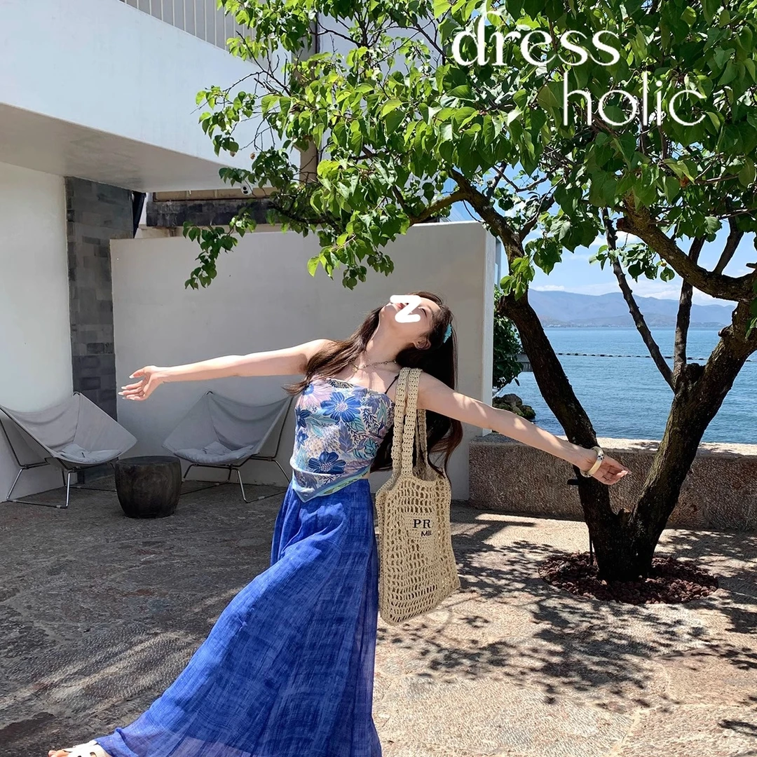 蓝色油画秋日必备新款海边时尚休闲套装秋装两件套女吊带长裤7126