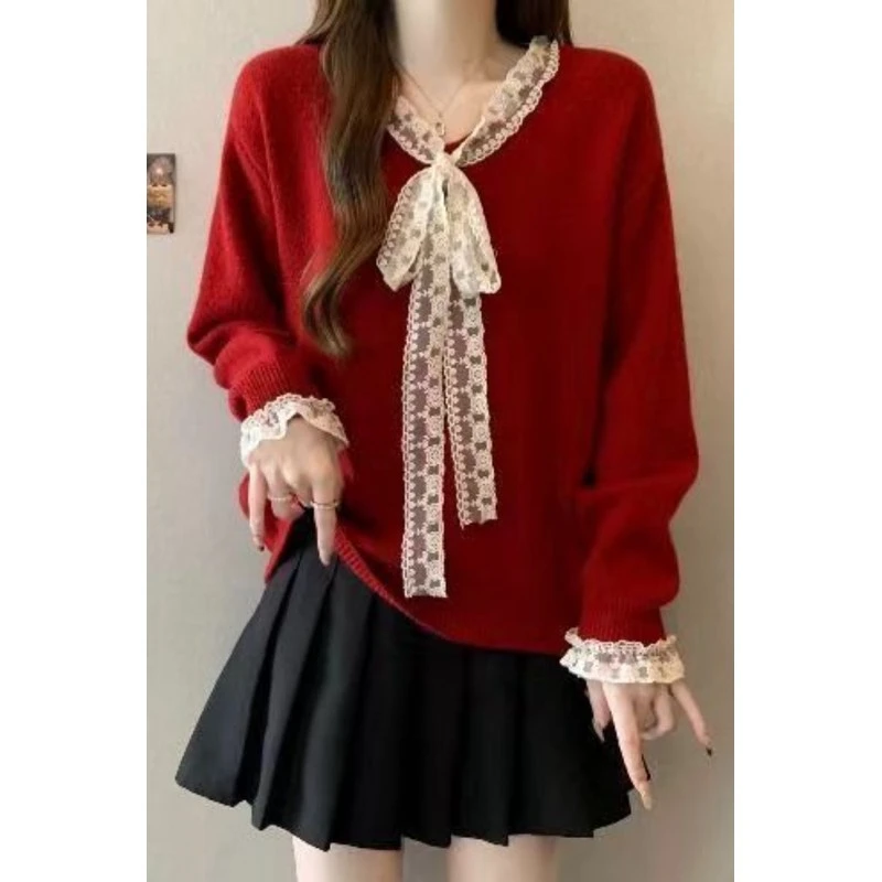 气质蝴蝶结蕾丝V领针织衫女2025春秋新款大码宽松遮肉洋气毛衣女
