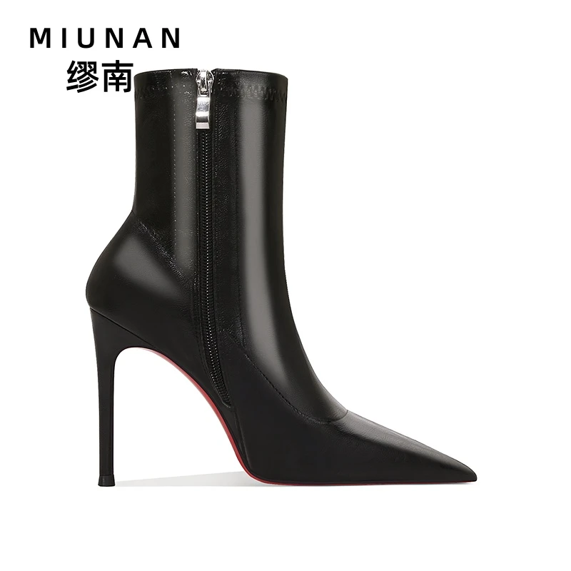 缪南高跟靴子爆款2025新款红底拉链短靴女细跟瘦瘦靴不累脚高级感