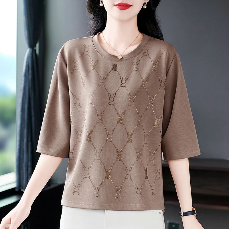 2025夏季新款烫钻时髦七分袖t恤宽松遮肉中袖上衣时尚减龄妈妈装