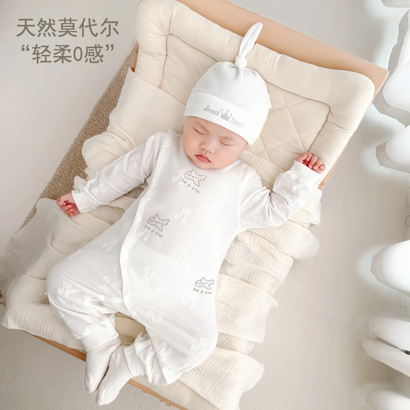 婴儿夏季薄款连体衣男女宝宝长袖空调服新生儿衣服莫代尔哈衣0-3