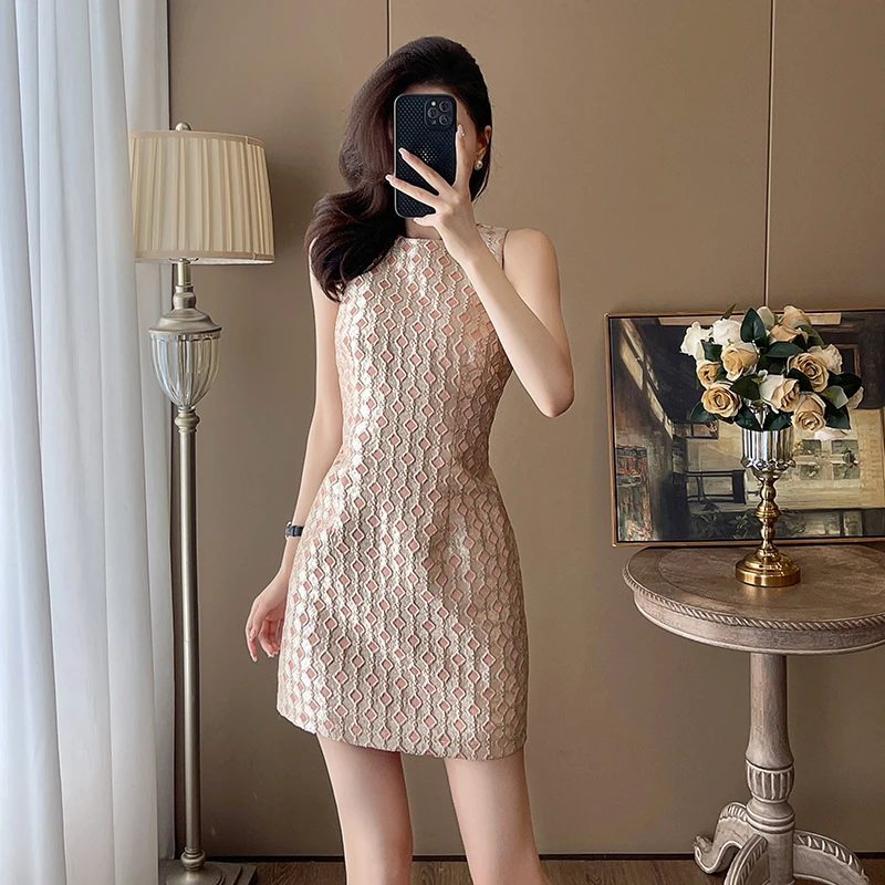 夏季高冷御姐风气质裙子女高端小个子修身小香风无袖连衣裙高级感