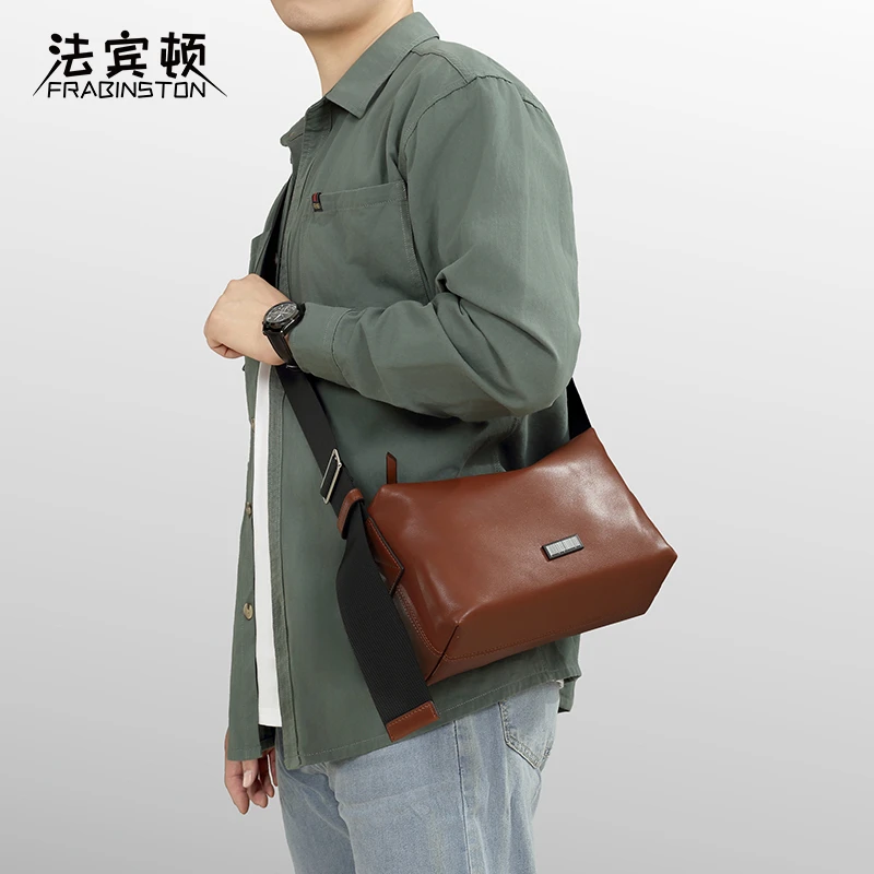 FRABINSTON/法宾顿真皮通勤简约风拉链小方包男士单肩斜挎学院风