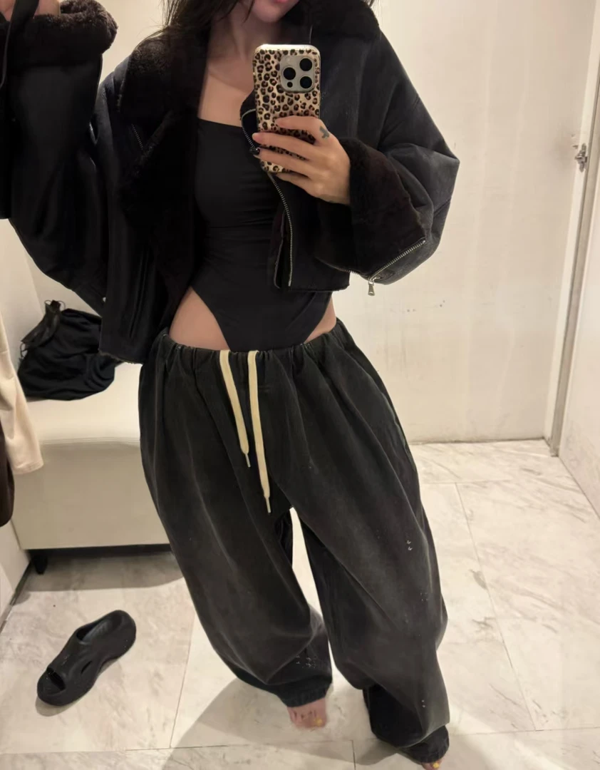 XYSF极简 超宽松设计内嵌松紧腰头水洗做旧磨破复古牛仔裤