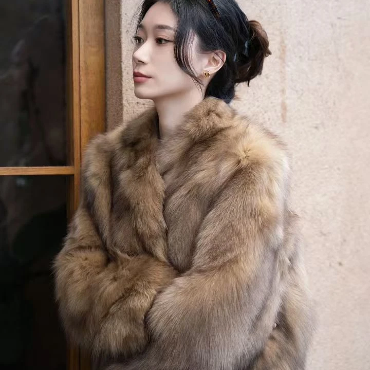 人造皮草 La Chapelle/拉夏贝尔秋冬款外套棕色美式环保短款