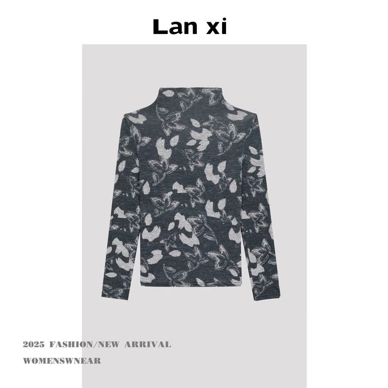 秋冬新款澳绒半高领打底时尚气质修身显瘦上衣减龄印花长袖