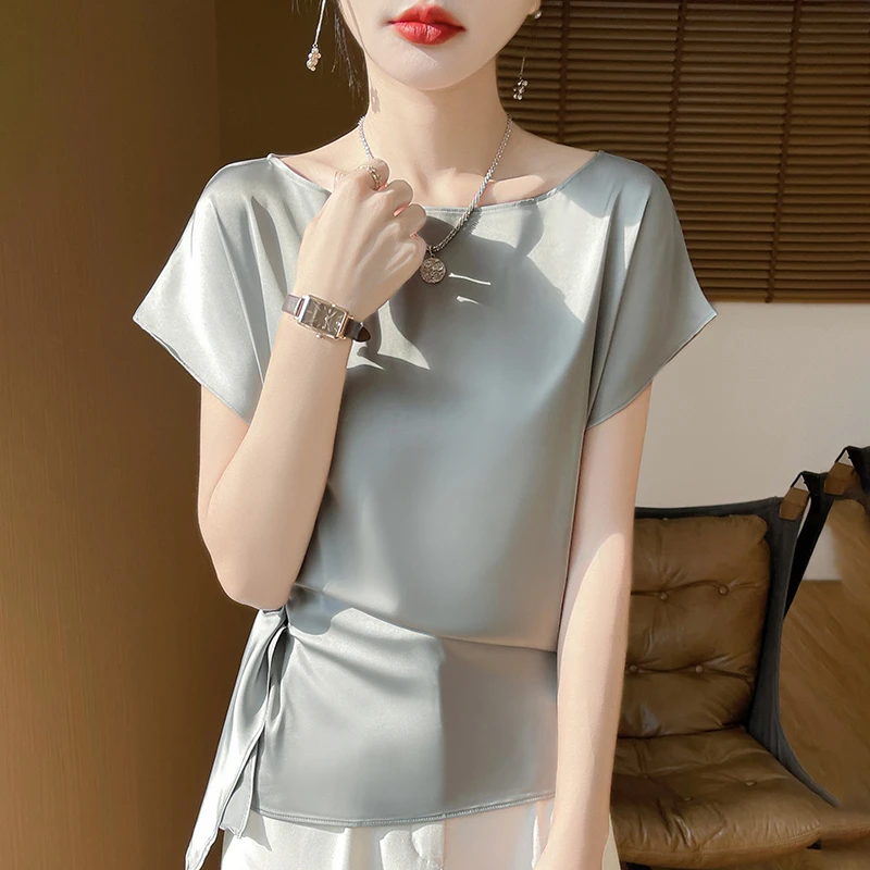 夏季新款气质高端缎面短袖t恤女洋气纯色衬衫法式一字领显瘦上衣