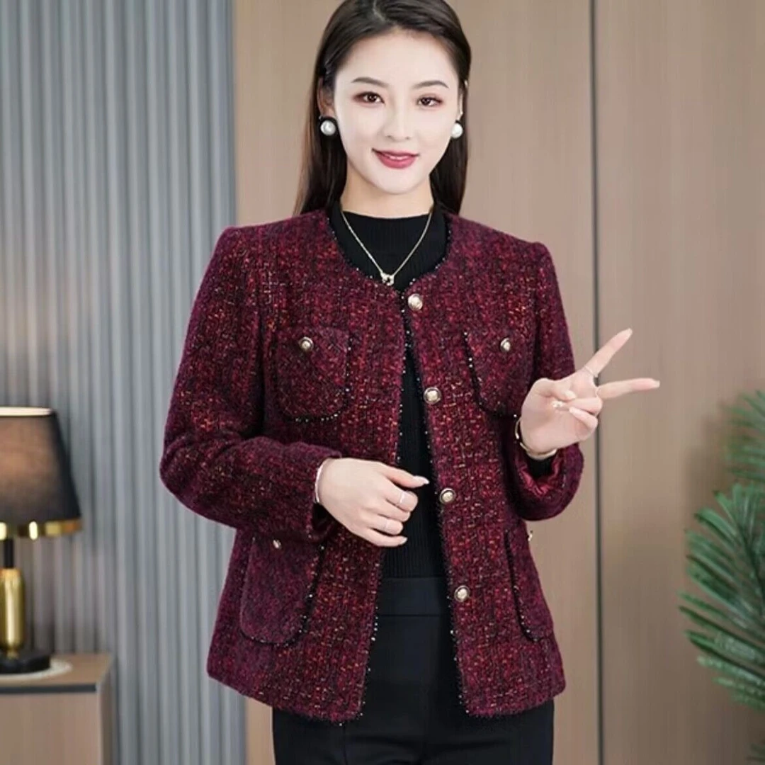 高档2025新款小香风外套女短款圆领妈妈粗花呢气质春装高级感上衣