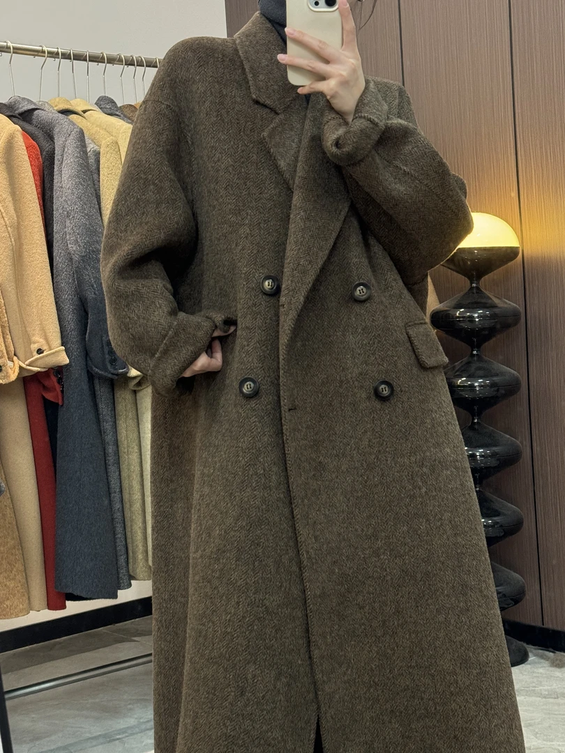 【慵懒周末】宽松型长款中长款通勤风毛呢外套气质双排扣温婉风