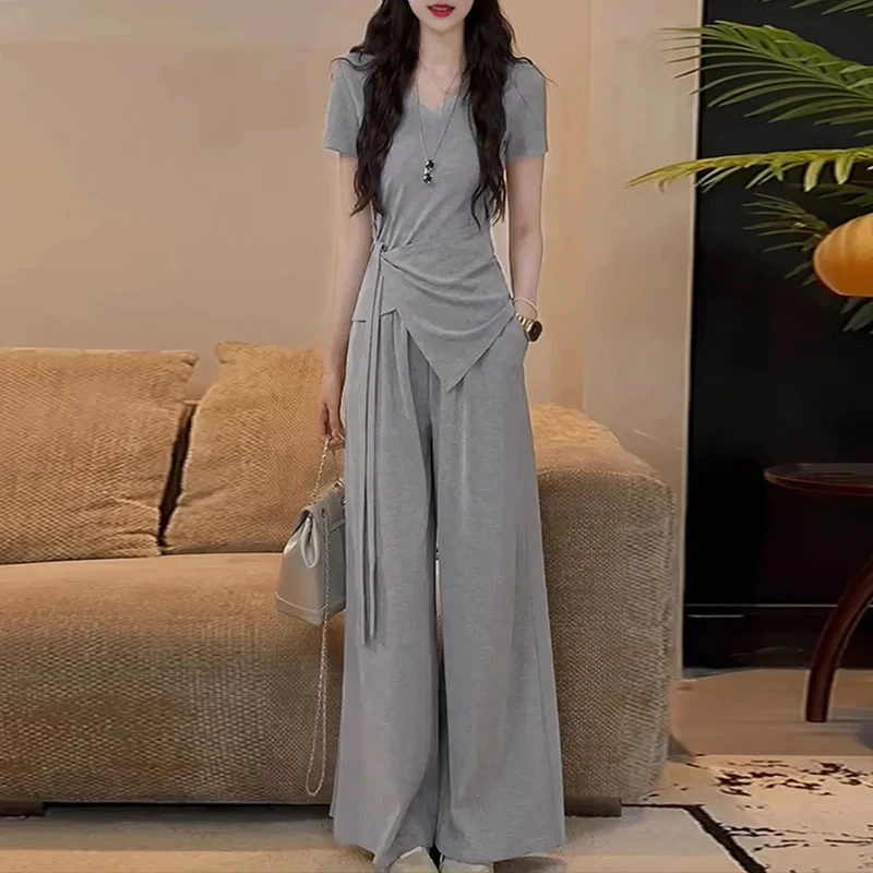 欧货收腰显瘦短袖t恤高腰阔腿裤两件套女2026新款夏季时尚套装