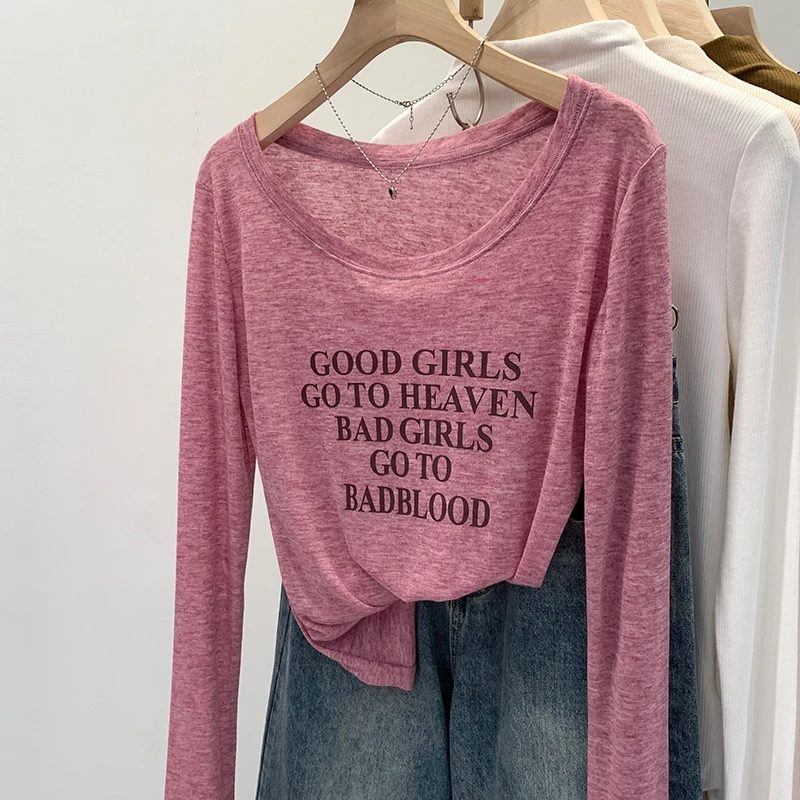 【Q】2025春季新款休闲微透长袖打底印花防晒T恤上衣女250210