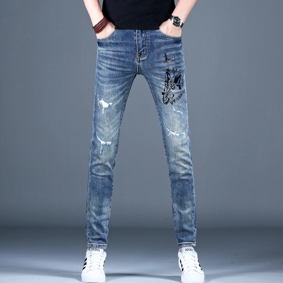 JJ春秋季复古蓝弹力牛仔裤男修身小脚潮牌高端痞帅烫钻印花休闲裤