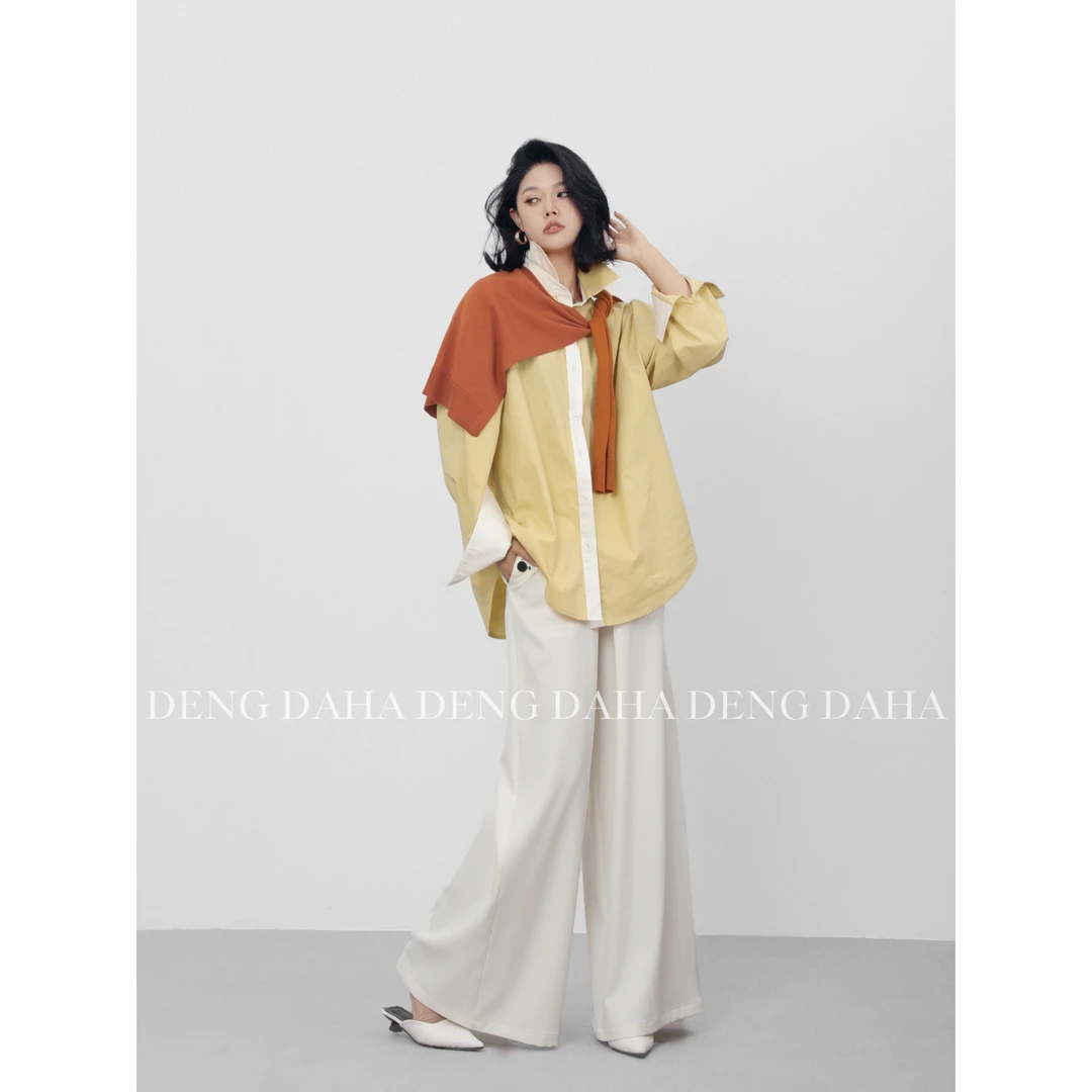 「南韩艺术系」设计感撞色拼接衬衫女长袖上衣 HBZC641184