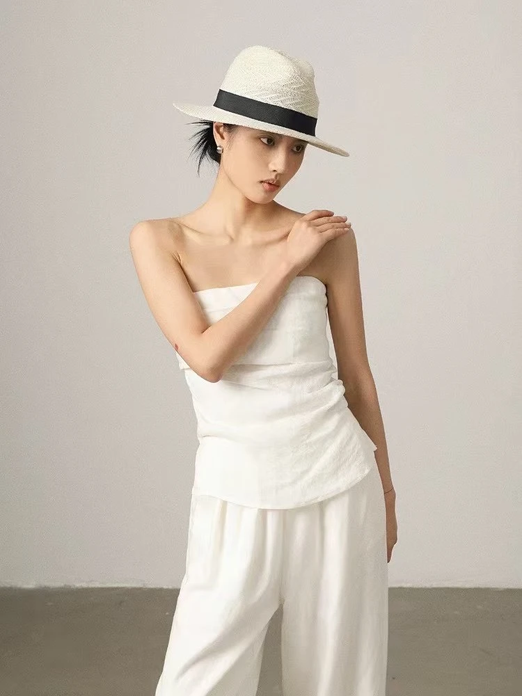 MK100%全亚麻面料 法式浪漫不对称褶皱设计露肩抹胸上衣