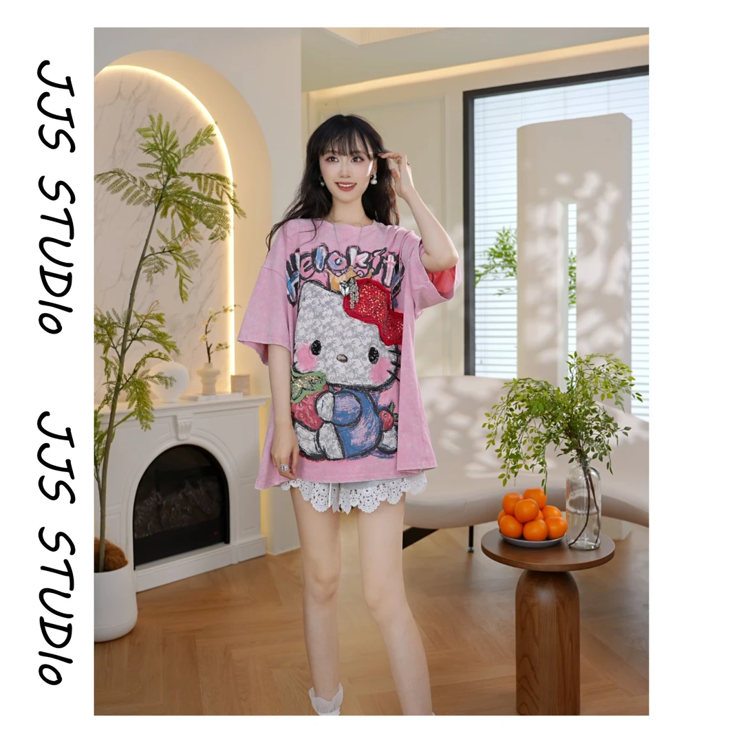 5061252『泡芙凯蒂』2025百搭减龄中长款宽松小众设计师短袖大T