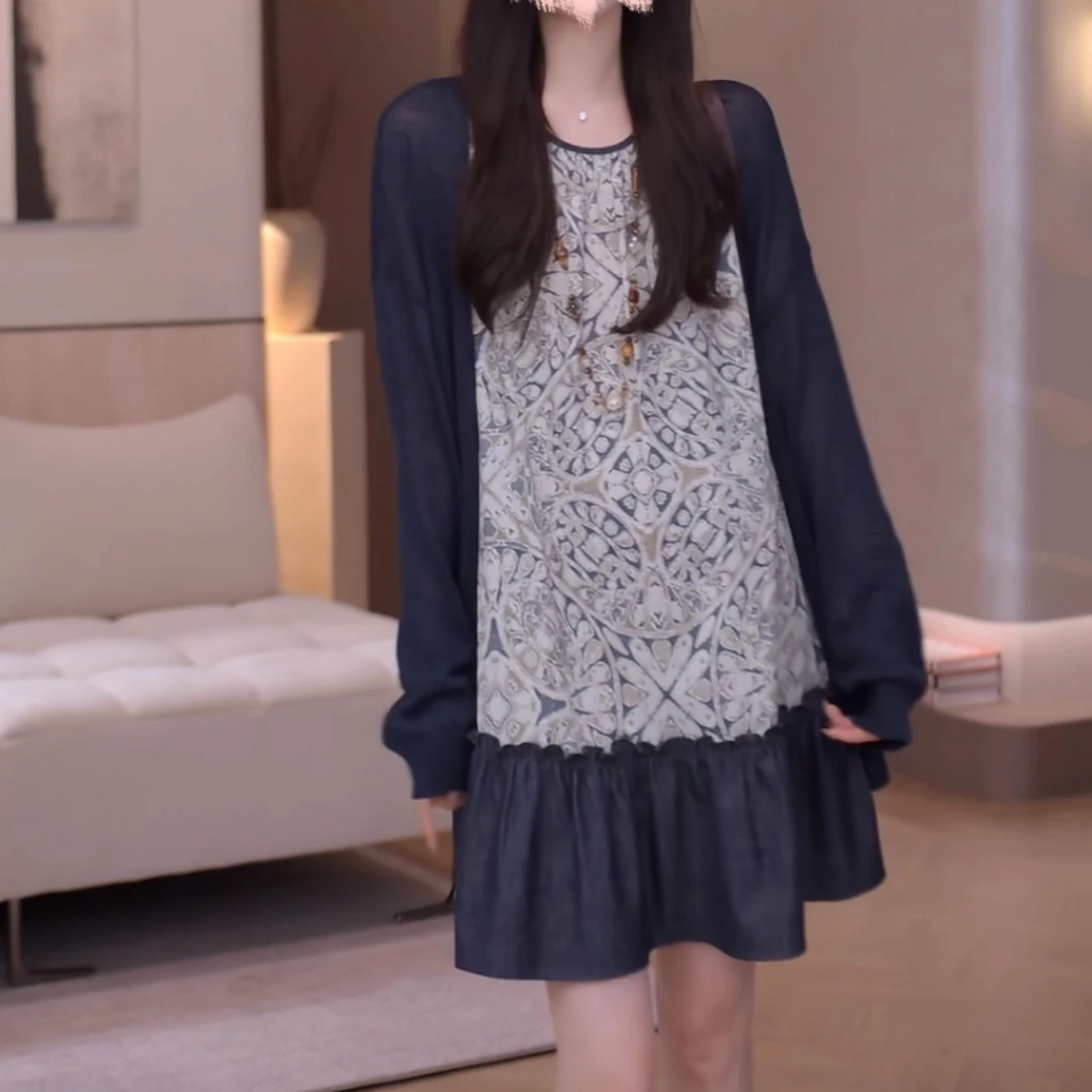 2025夏季新款复古国风设计感拼接无袖背心减龄印花连衣裙