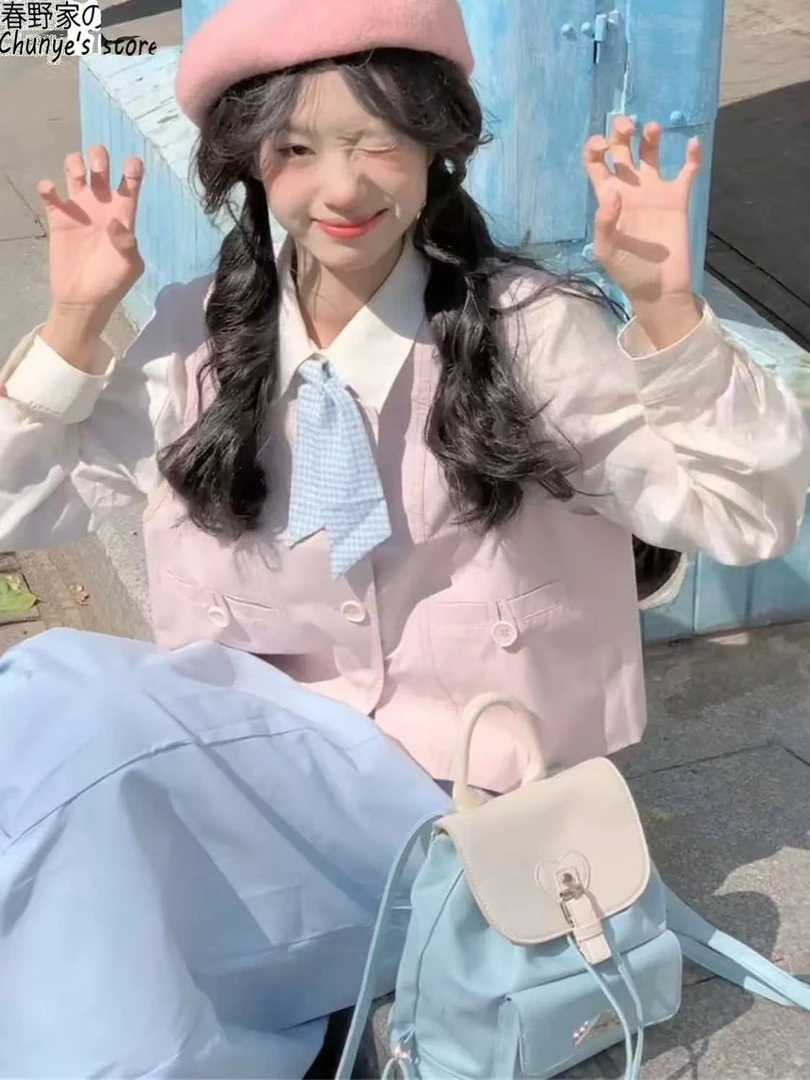 学院风一整套穿搭韩系甜美叠穿粉色马甲女+蓝色半身裙子+白色衬衫