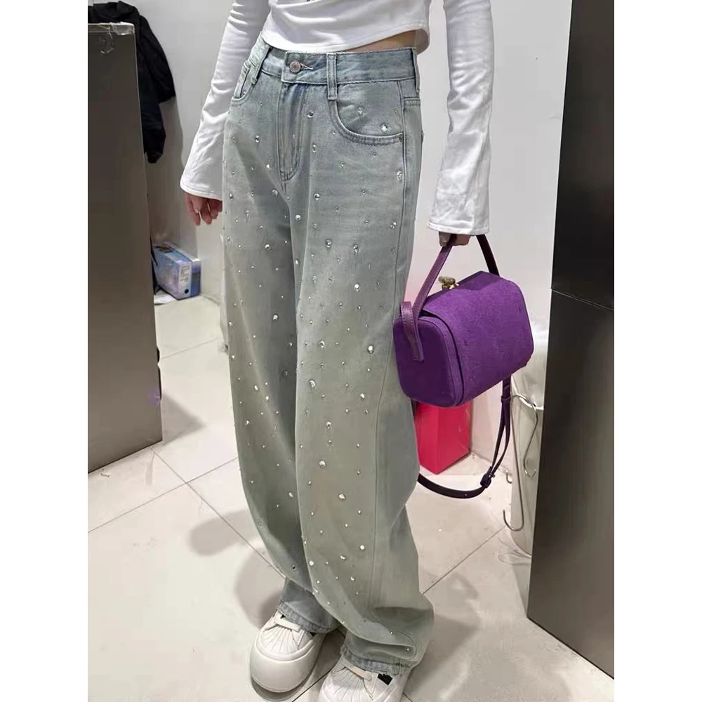 2025年早春新款小众独特别致高腰宽松窄版阔腿贴钻牛仔裤女小个子