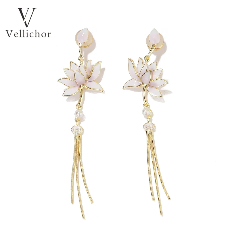 铜合金耳饰 【一池莲梦】流苏如意莲花耳环清新超仙古风白搭耳钉