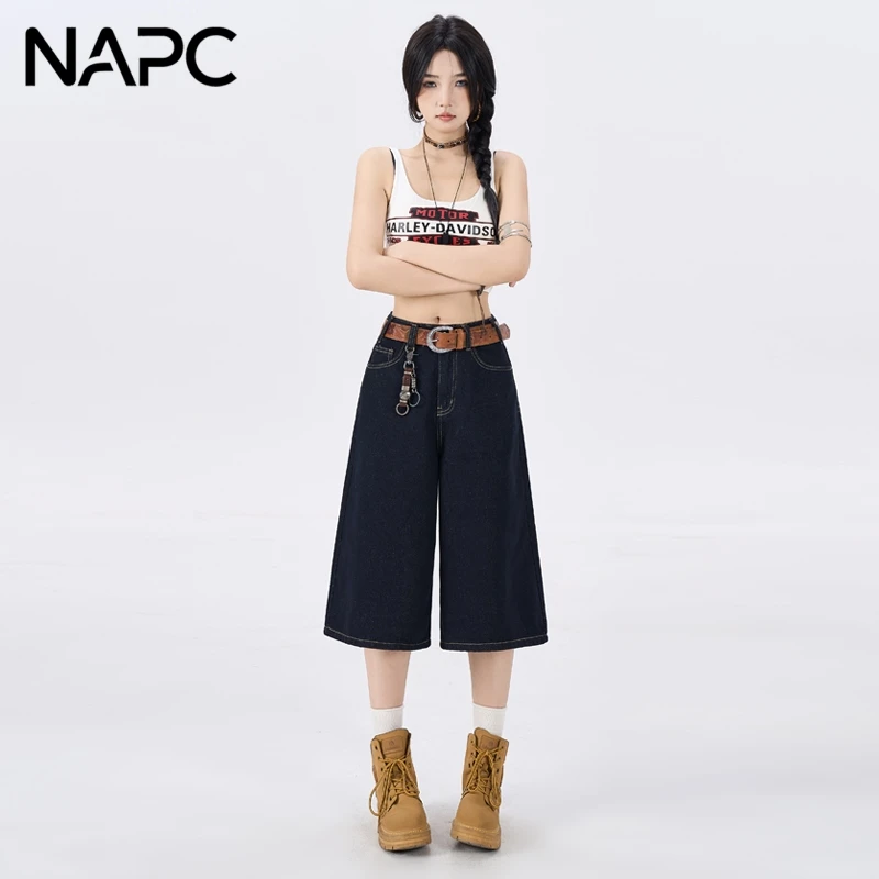 NAPC美式百搭深蓝色阔腿牛仔七分裤女夏季宽松直筒中裤丹宁色短裤
