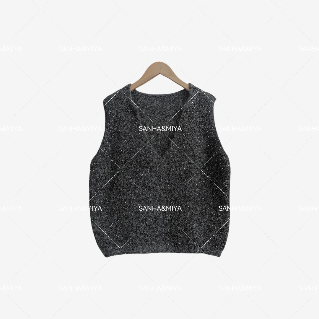 断码清-《星空马夹》女款含绵羊毛混纺亮片织入深V领马夹无袖春秋冬