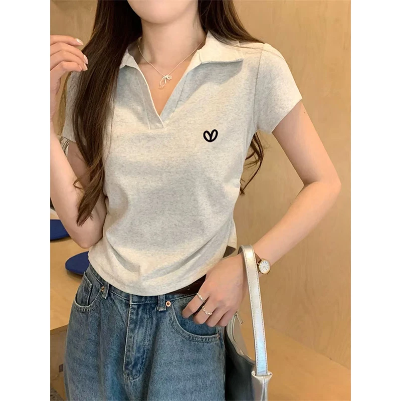 polo衫v领短袖t恤女装夏季爆款2025新款褶皱收腰修身短款翻领上衣