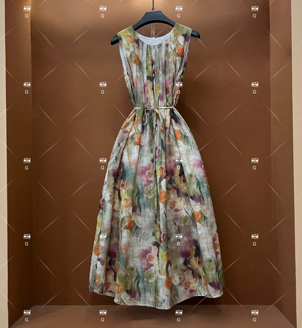 【丽】夏季新款复古时尚百搭印花无袖连衣裙 D845-3