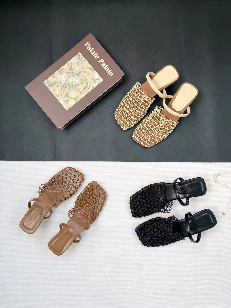 法式外穿坡跟休闲韩版时尚网红网面半拖鞋编织镂空方头凉拖凉鞋