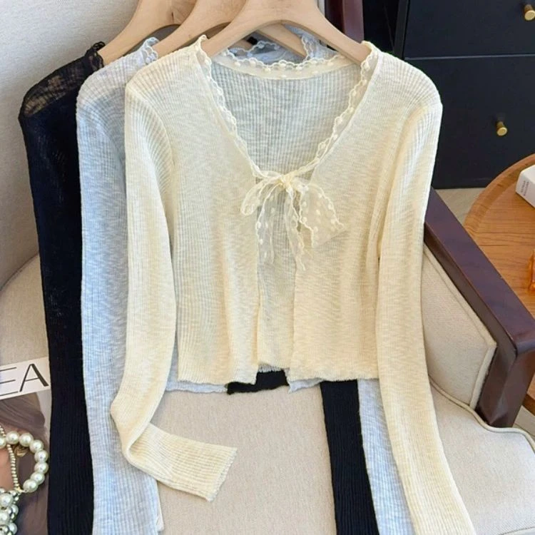 法式蕾丝花边蝴蝶结针织防晒开衫女夏薄款配吊带披肩外搭冰丝罩衫
