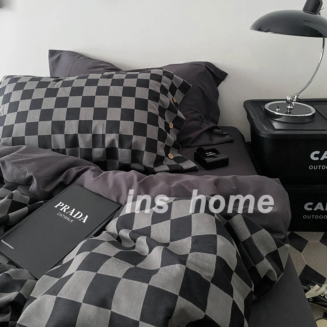 ins风复古黑灰棋盘格纯棉色织提花床上四件套全棉长绒棉高级感2.0