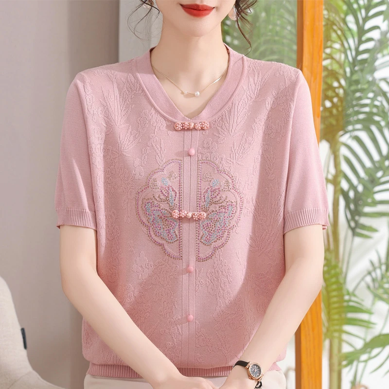 中老年女装妈妈夏季时尚短袖针织小衫薄款显瘦减龄洋气新中式上衣