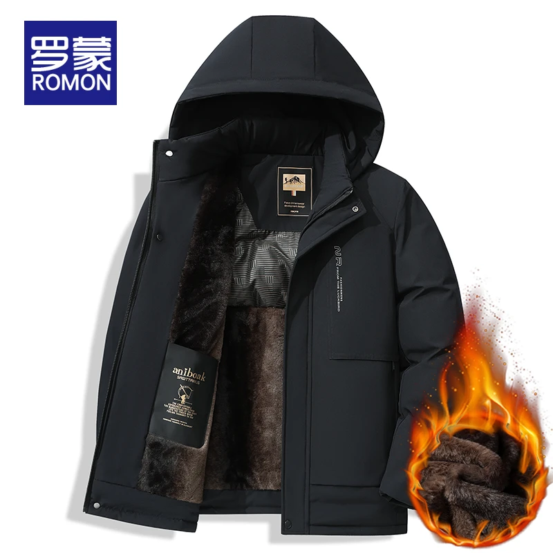 罗蒙男士休闲连帽棉衣男款冬季2025新款中年爸爸加绒保暖棉袄外套