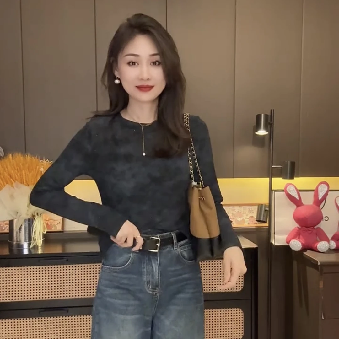 女士长袖常圆领微透时尚气质内搭打底T恤