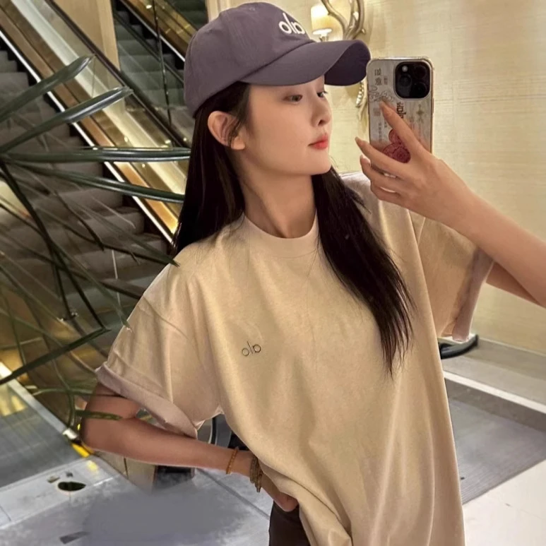 Alo新款3D立体字母印花圆领短袖2025夏季撞色拼接宽松休闲T恤女款