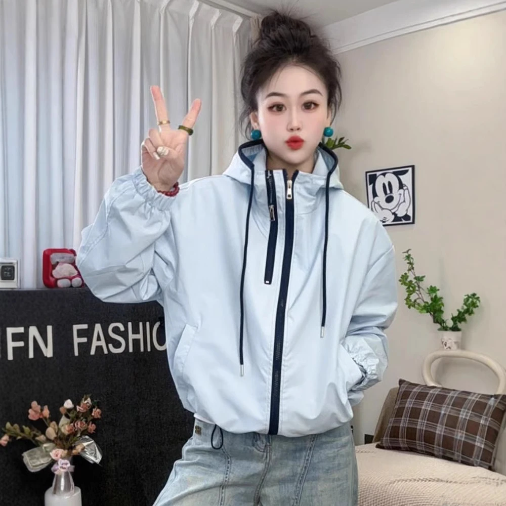 韩系撞色连帽户外冲锋衣外套女2025春季新款宽松百搭夹克上衣