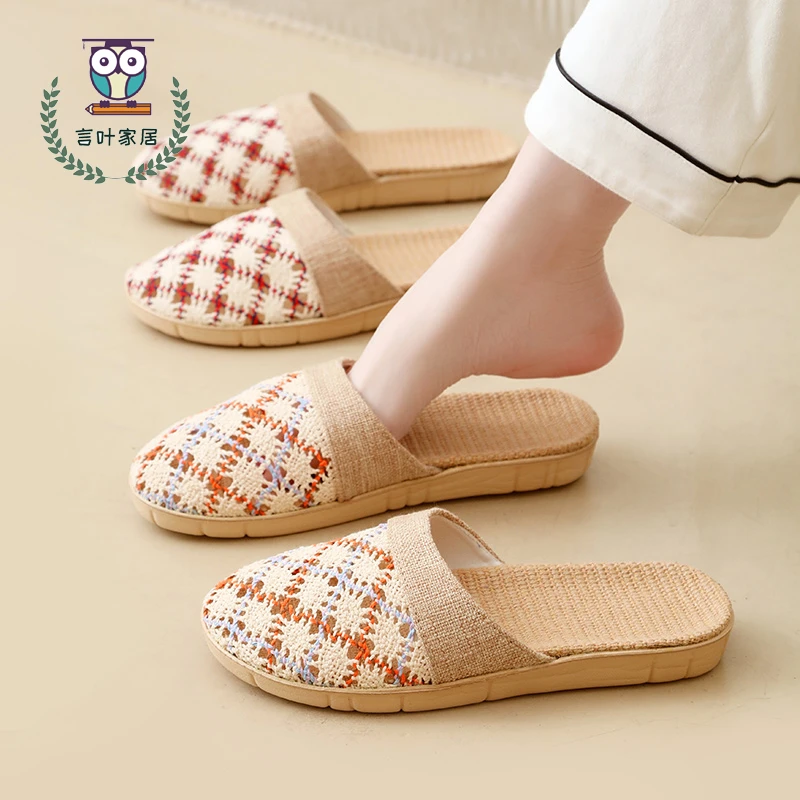 亚麻镂空防滑软底透气凉拖适合春秋夏季男女室内家用防滑包头厚底