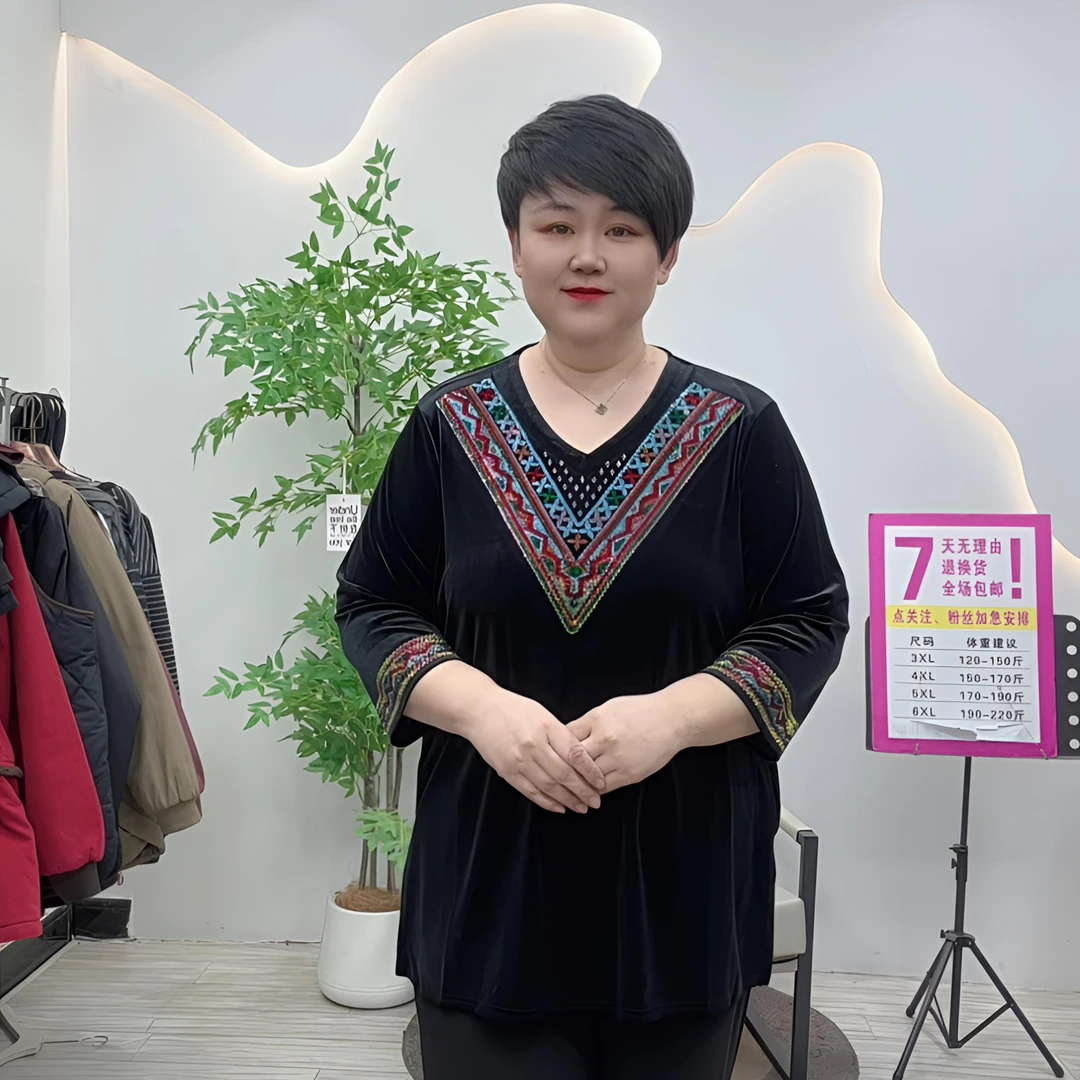 大码女装805新款高档气质金丝绒打底衫加肥加大减龄宽松遮肚上衣