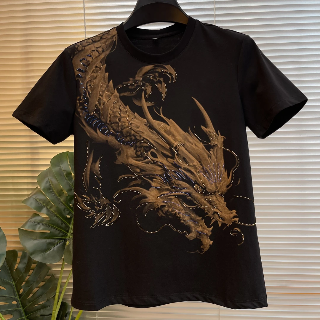 夏季新款短袖T恤男士轻奢双面过肩龙印花烫钻时尚潮流半袖上衣潮