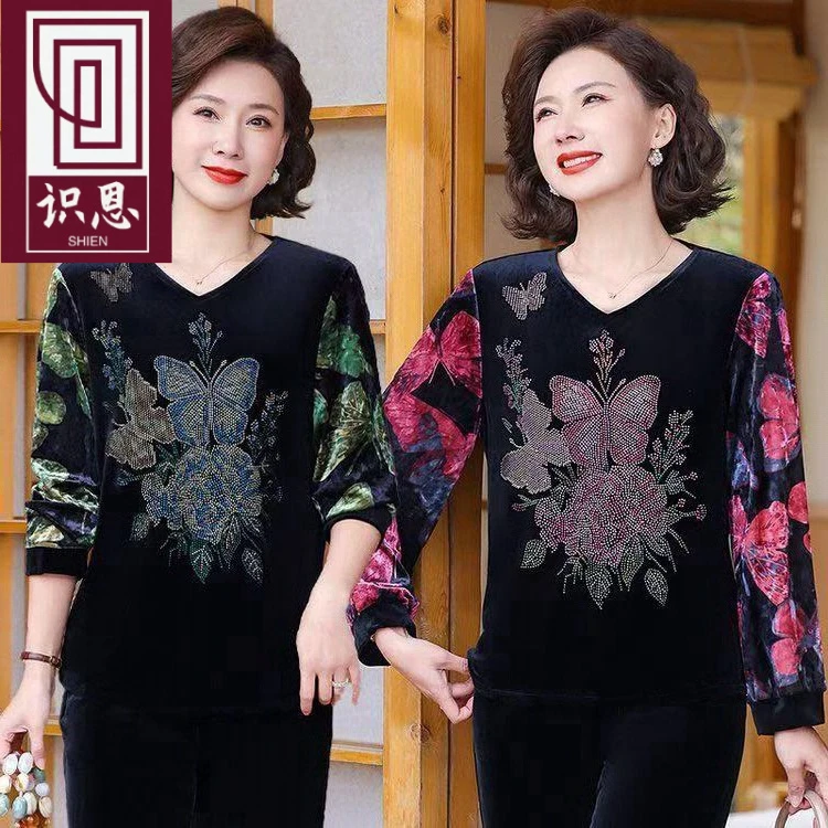 2025春季新款V领春秋妈妈装中老年中年洋气老年人烫钻女上衣短款