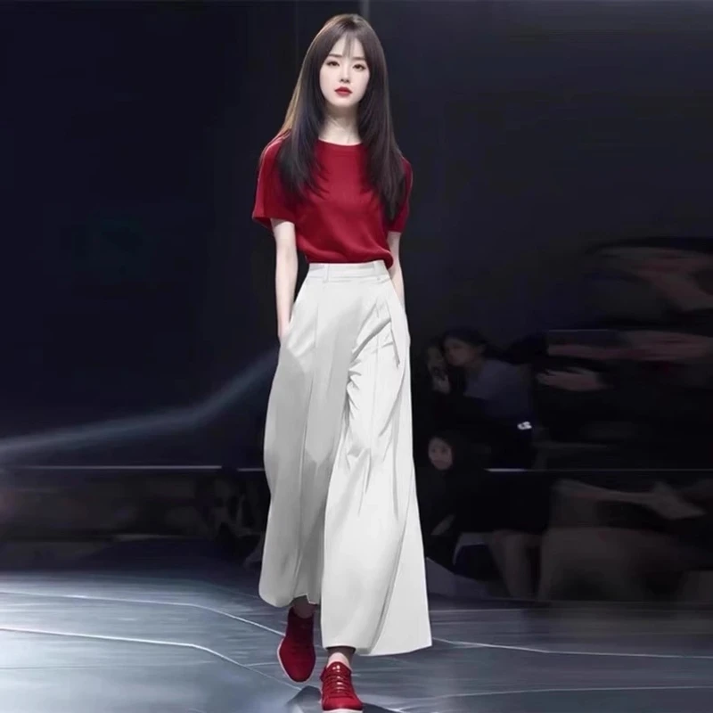 时尚套装女2025夏季新款时髦洋气短袖T恤高腰阔腿裤气质两件套潮