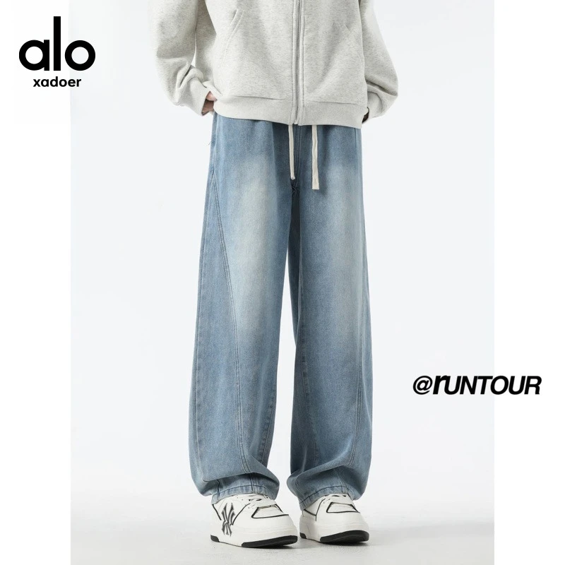 Aloxadoer新款男士美式做旧水洗宽松阔腿休闲裤直筒修身牛仔裤