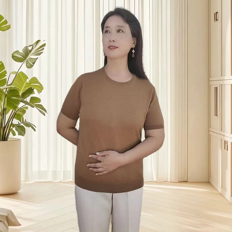 精纺羊毛短袖女圆领纯色宽松显瘦夏季款休闲百搭薄半袖针织衫T恤