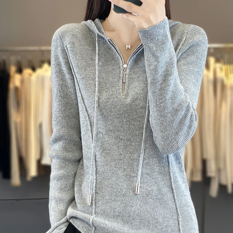 高端春秋羊毛衫100%纯羊毛时尚休闲连帽针织针织衫百搭打底帽衫女