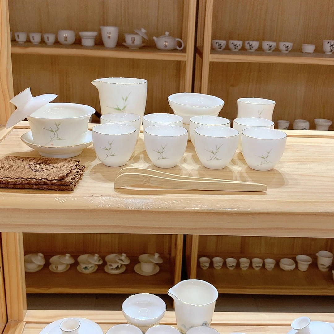 羊脂玉瓷竹报平安15件套功夫茶具