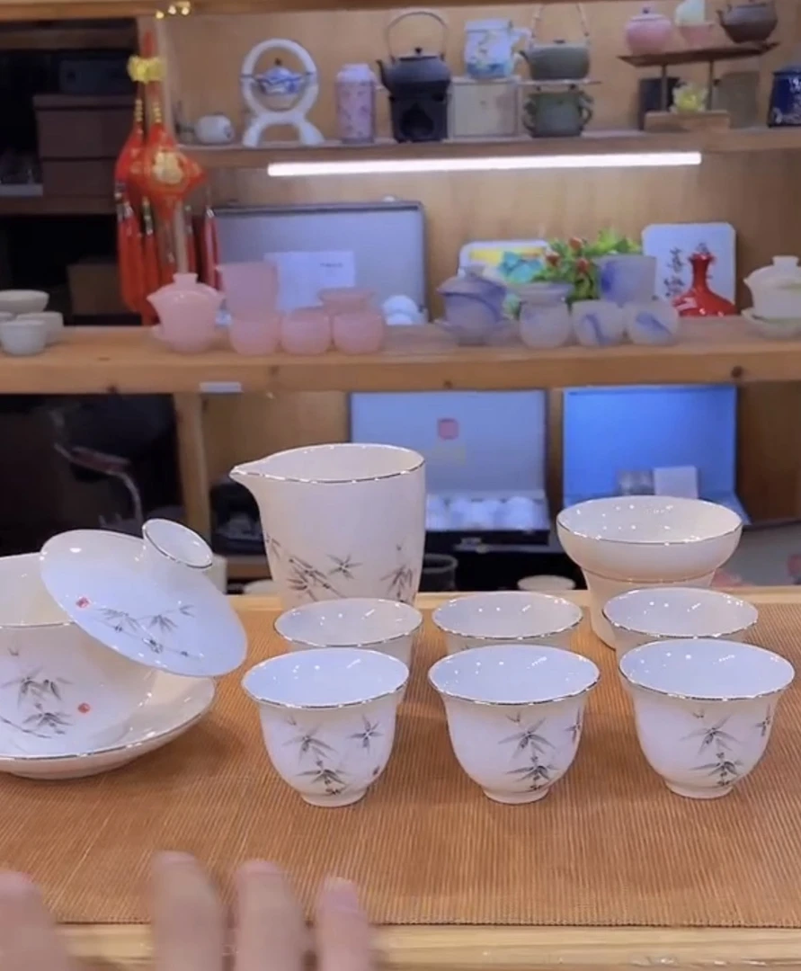 晟翔陶瓷茶具套装羊脂玉瓷竹叶盖碗主人杯11件套